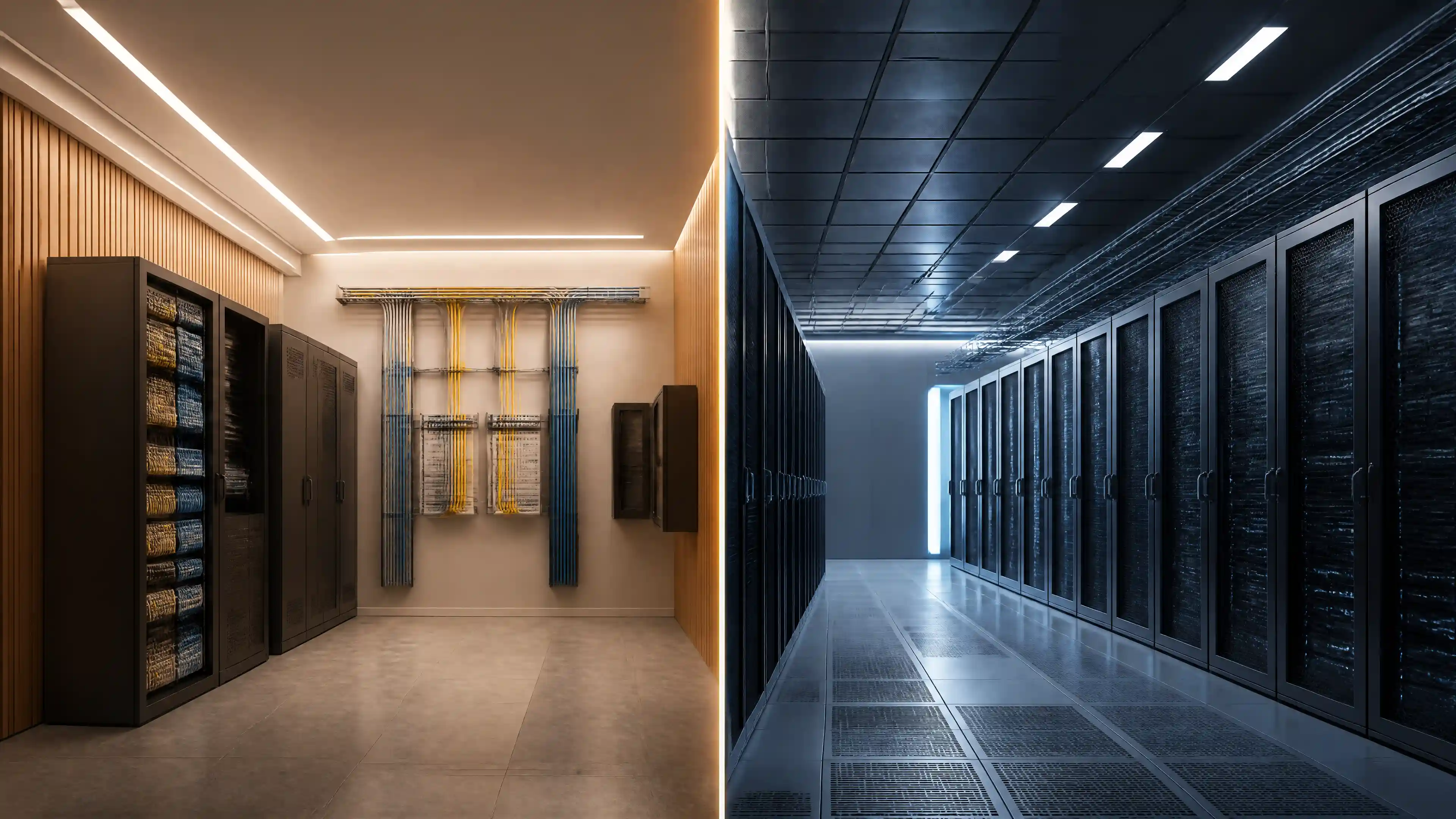 MDF vs IDF network room design showing main and intermediate distribution frames, structured cabling, switches, patch panels, and enterprise network infrastructure